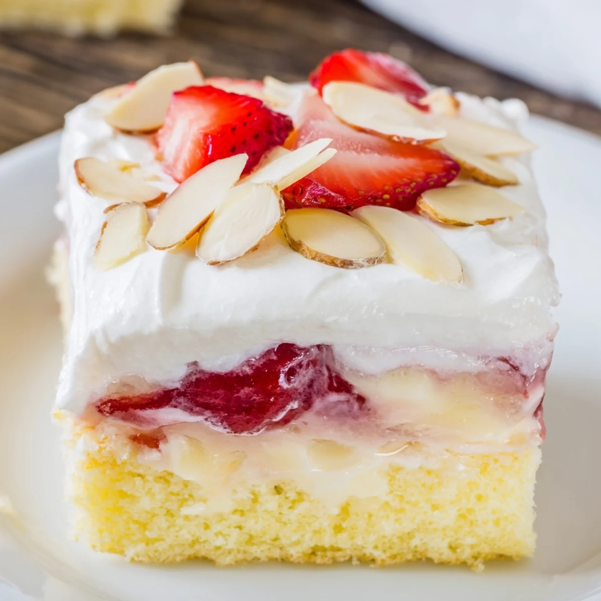 Summer trifle presentation of Heaven on Earth Cake with fluffy sponge, smooth pudding cream, and vibrant strawberry swirls in a glass dish.  