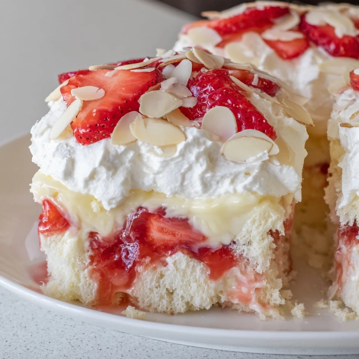 Heaven on Earth Cake dessert with moist cake cubes, luscious strawberry layer, and whipped topping garnish, ready to serve chilled.