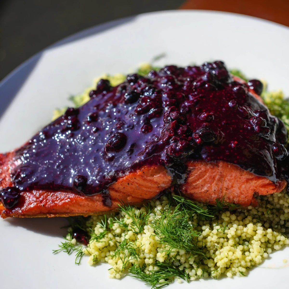 Glazed salmon fillet with blueberry sauce atop fluffy lemon herb couscous, garnished with fresh herbs.