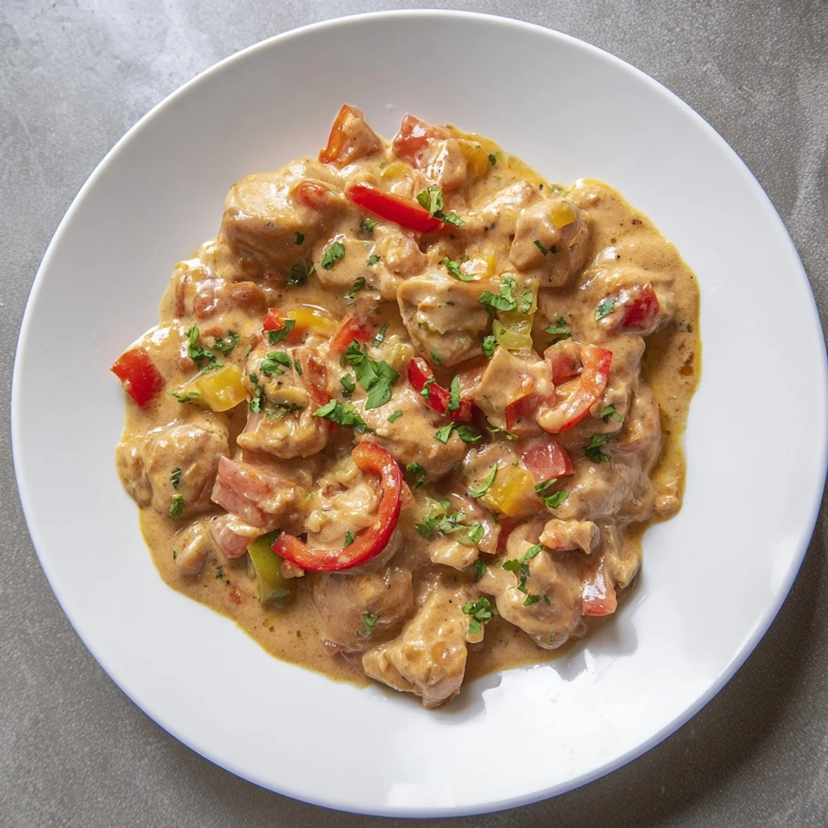 Close-up of Brazilian Coconut Chicken in a skillet, showcasing creamy coconut sauce with tender chicken thighs, red and green bell peppers, and fresh cilantro garnish for a flavorful main dish.