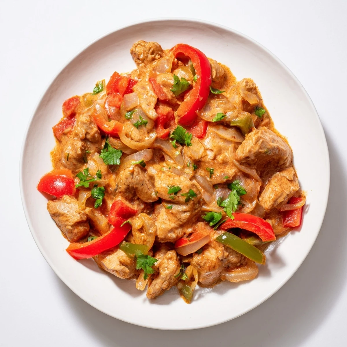 Sizzling pan of Brazilian Coconut Chicken simmering in creamy coconut milk with aromatic spices like cumin and paprika, ready for a family dinner.