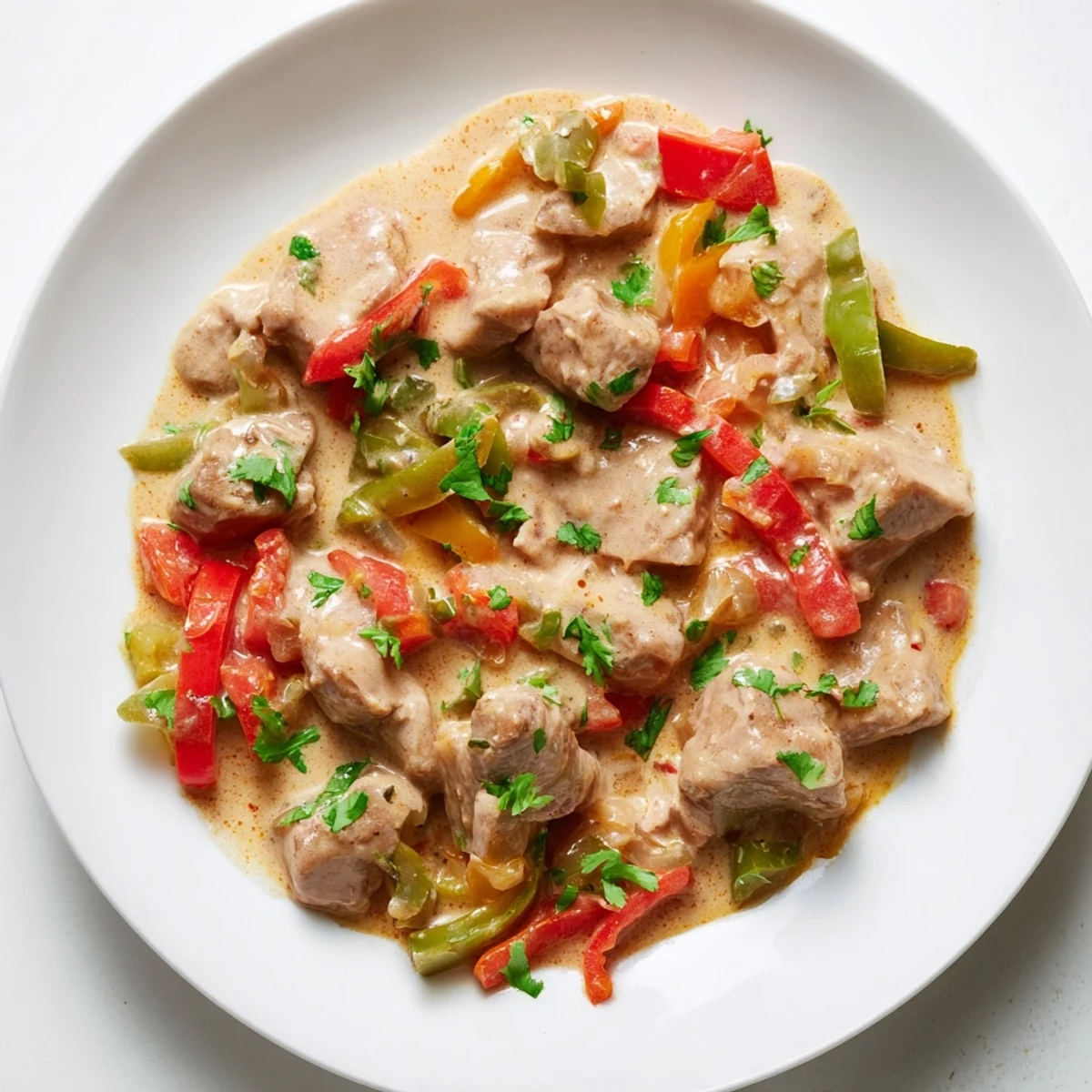 Aerial view of Brazilian Coconut Chicken served over fluffy white rice, topped with cilantro, with lime wedges on the side for a fresh, aromatic meal.