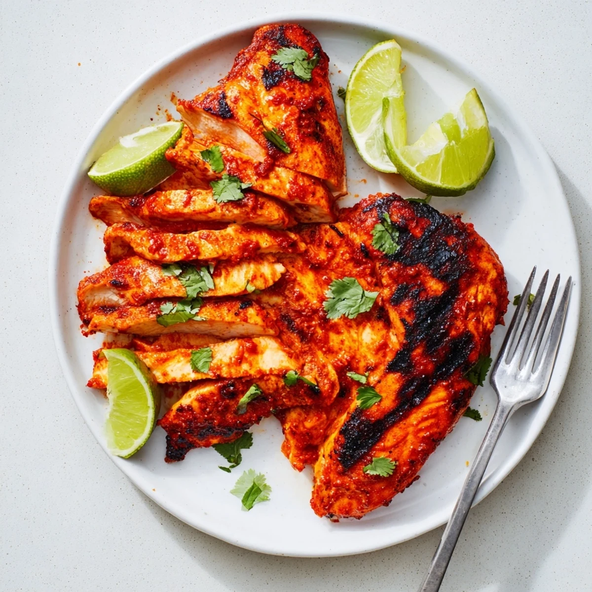 Grilled Spicy Honey Lime Chicken breasts marinated in a sweet and tangy glaze, garnished with cilantro and lime wedges.