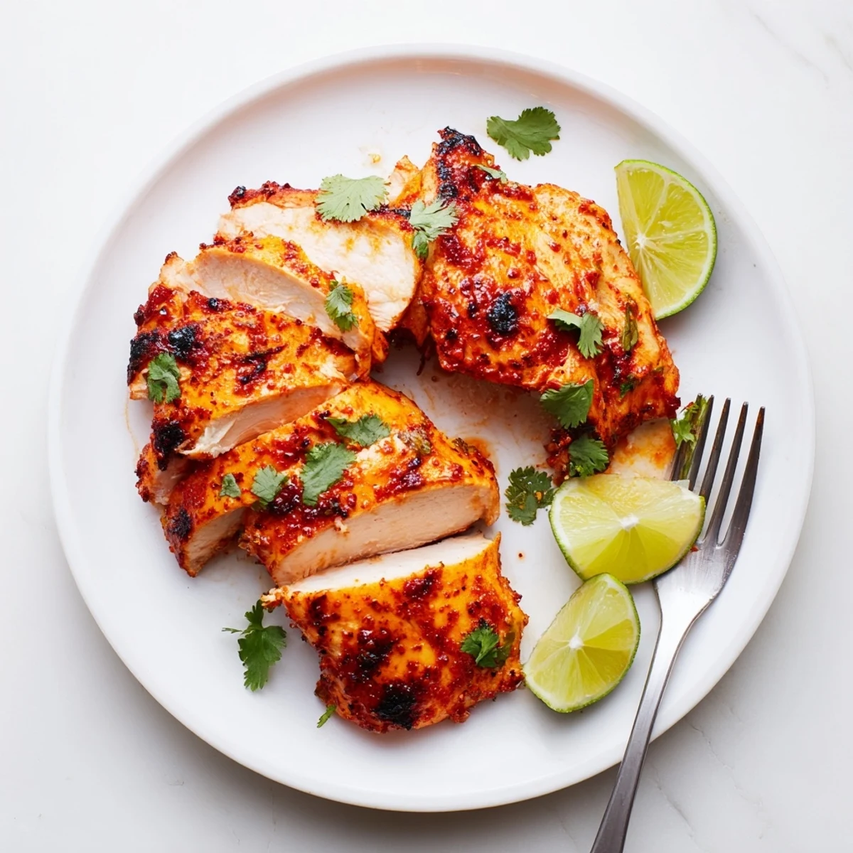 A close-up of Spicy Honey Lime Chicken showing glazed, caramelized edges, paired with fluffy rice and vibrant cilantro garnish.