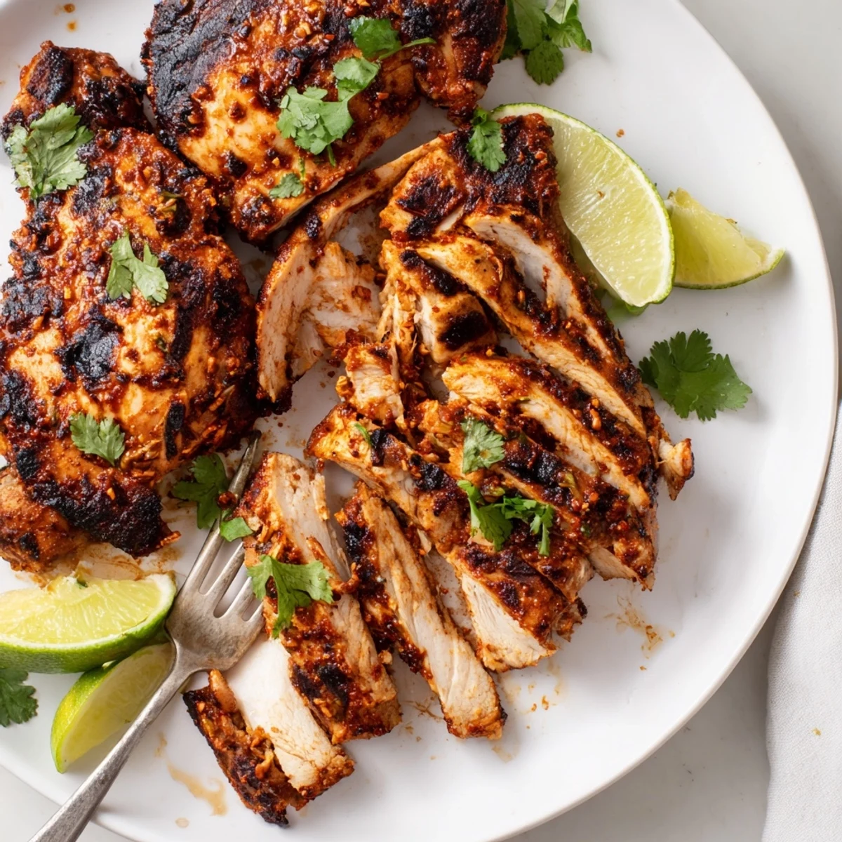 Juicy Spicy Honey Lime Chicken slices fanned out on a plate, steam rising with smoky grill marks and fresh lime zest.