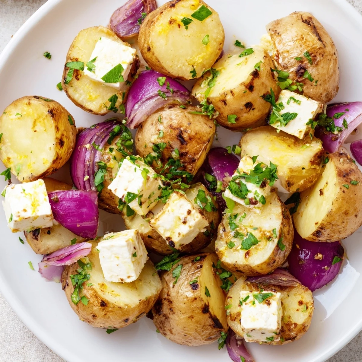 Golden roasted baby potatoes topped with crumbled feta, fresh parsley, and a bright squeeze of lemon.