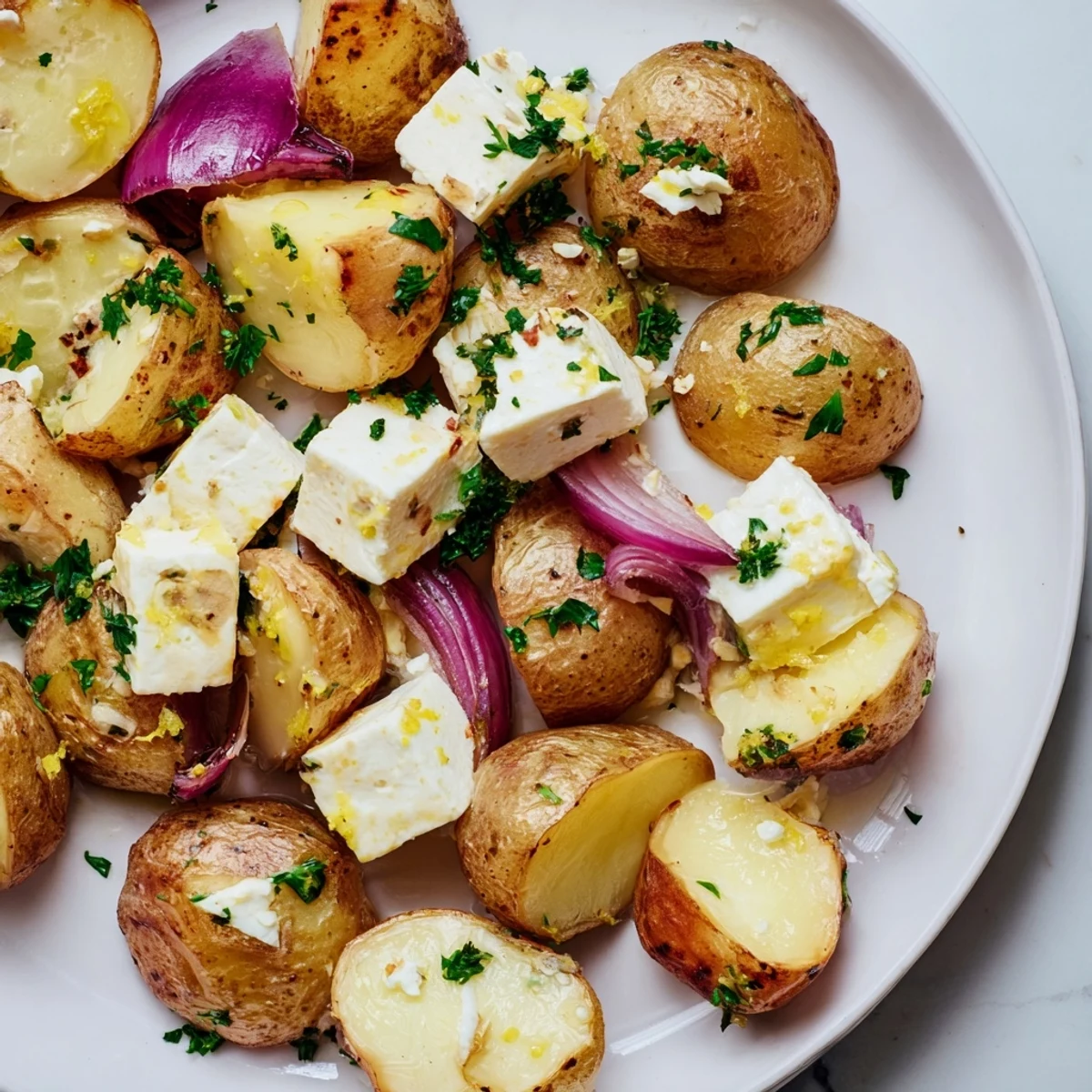 Baked Feta Potatoes with Lemon served as a warm Mediterranean side dish for grilled chicken.