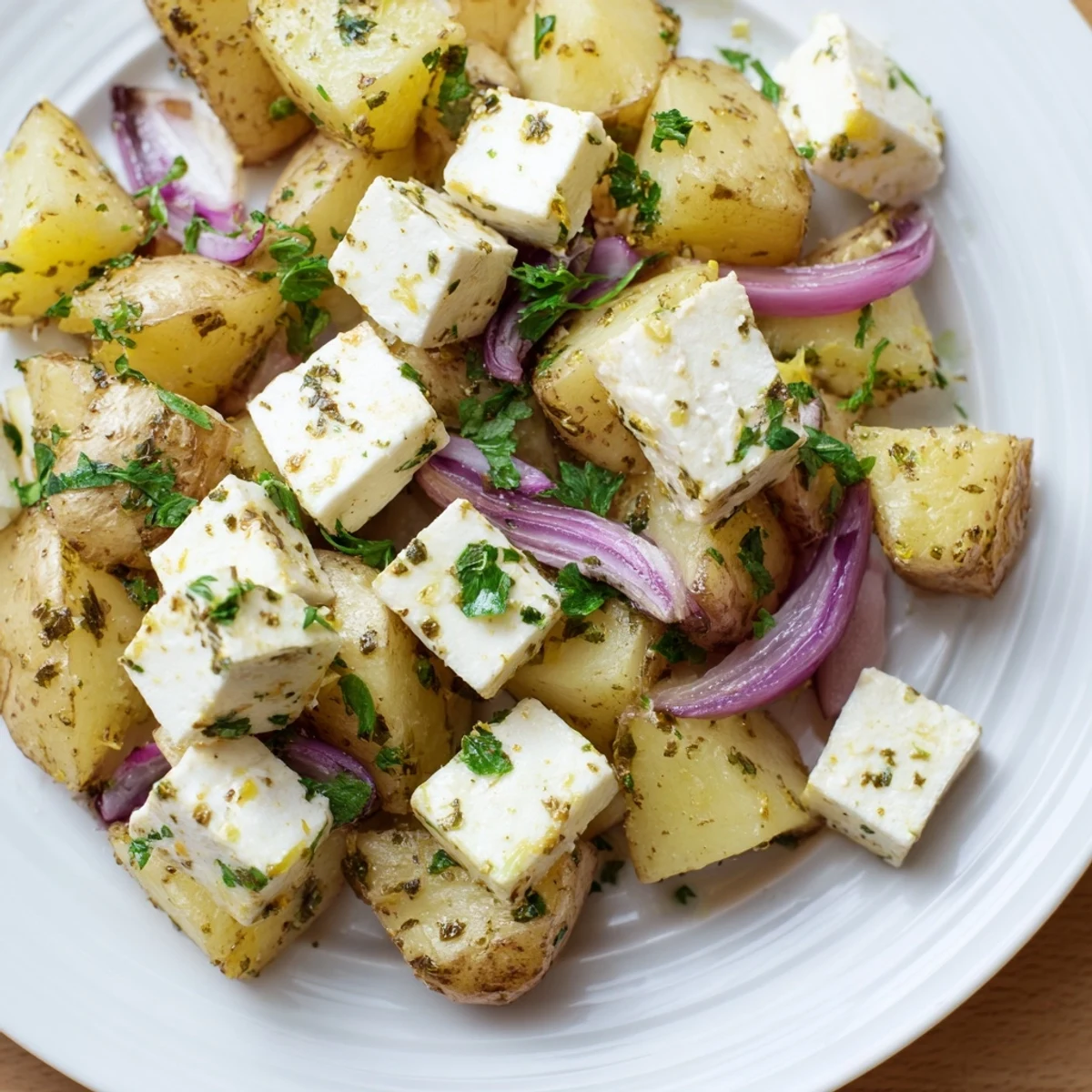 Soft potatoes baked with tangy feta and zesty lemon in a rustic, sizzling baking dish.