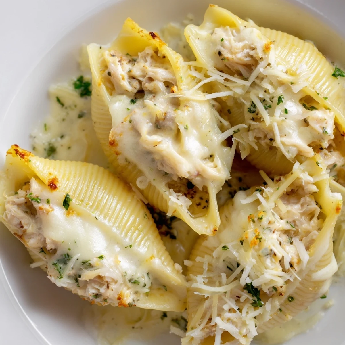 Golden Creamy Seafood Stuffed Shells with melted mozzarella and parsley garnish on a rustic table.
