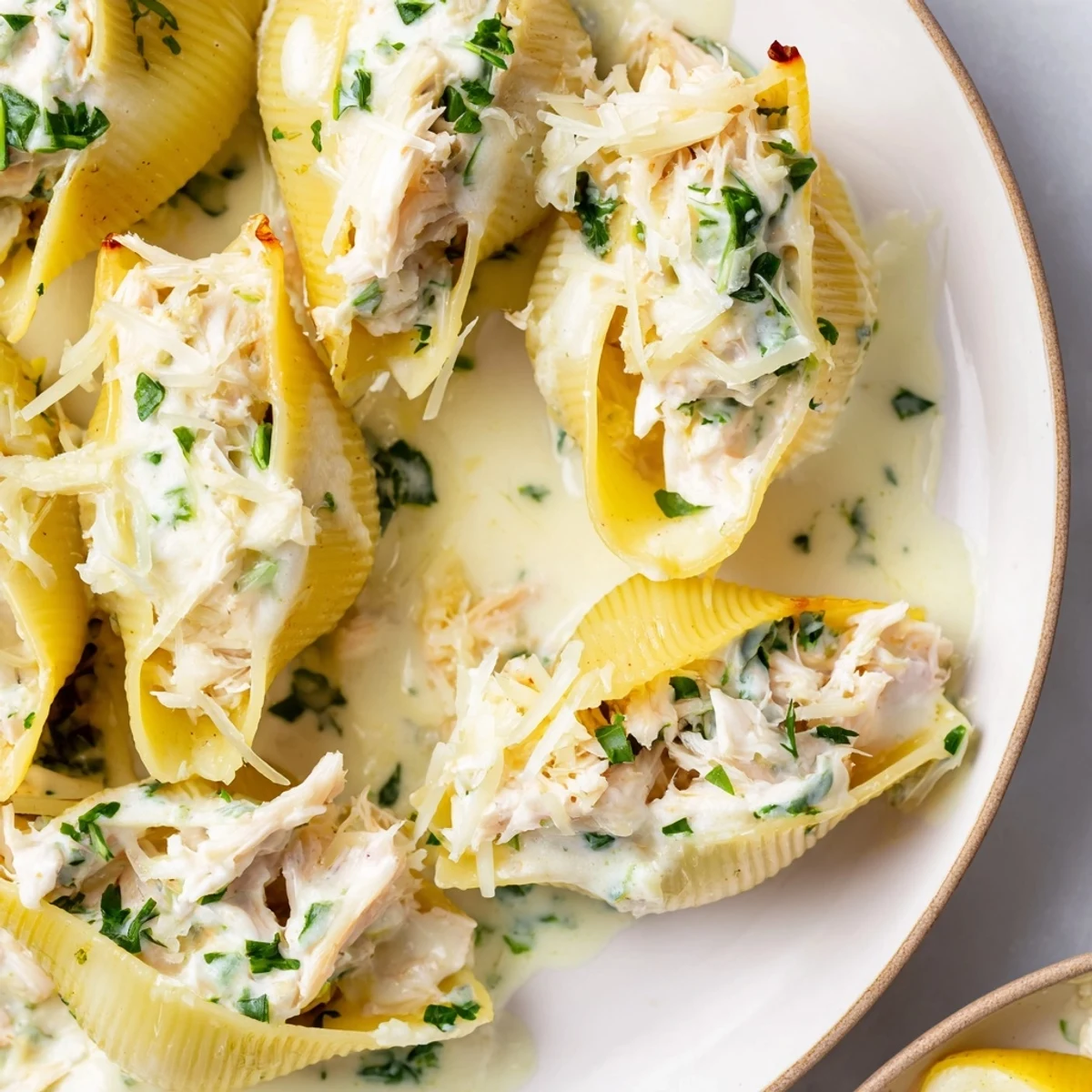 Creamy Seafood Stuffed Shells resting in rich white sauce with shrimp and crab peeking out.