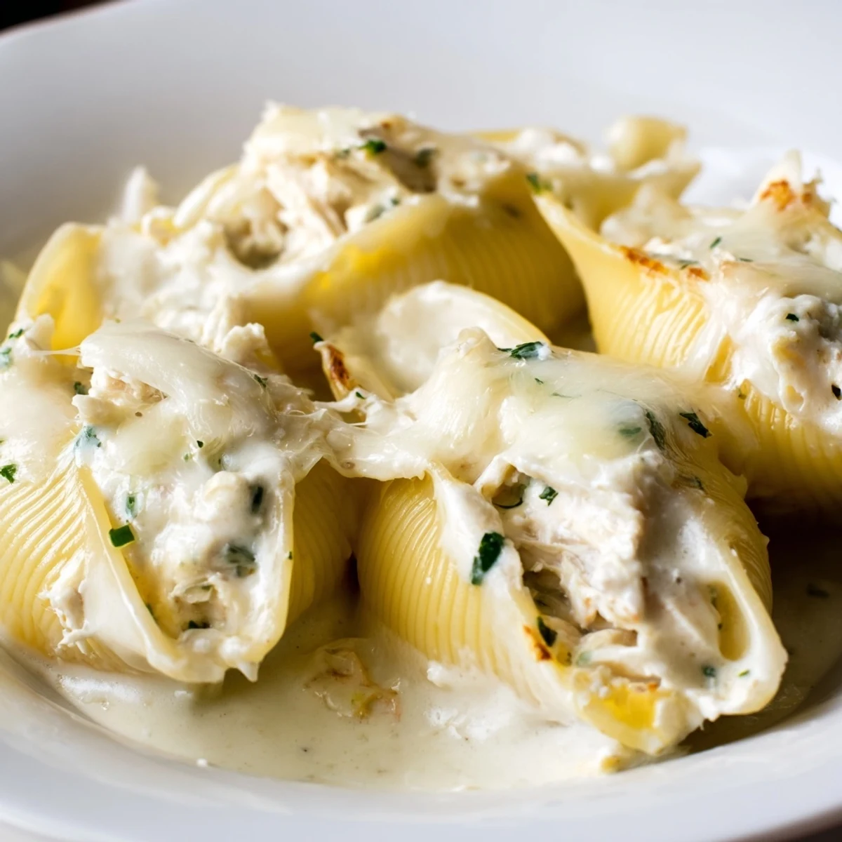 Lemon zest and parmesan top these baked Creamy Seafood Stuffed Shells ready for a family dinner.
