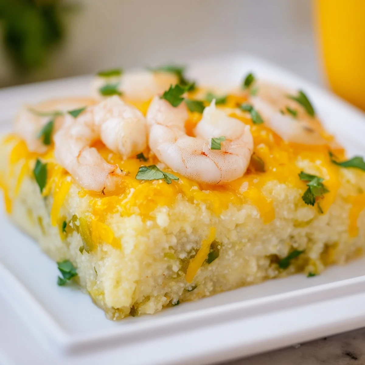 Golden, bubbly Monterey Jack tops a baked Easy Shrimp & Grits Casserole with creamy grits and plump shrimp.
