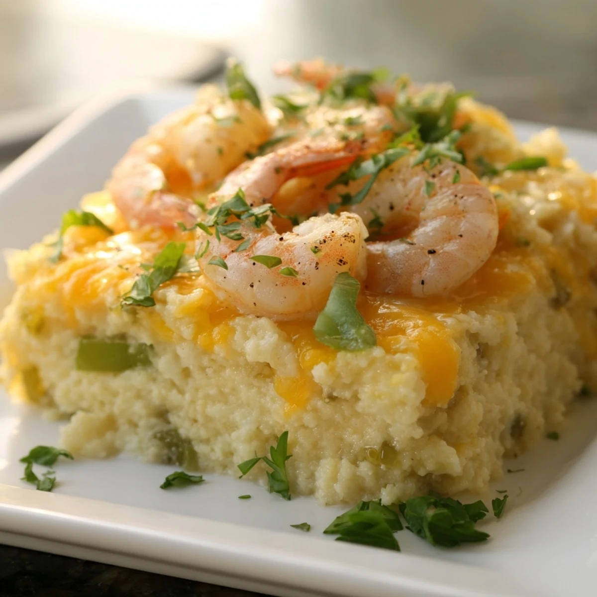 Southern-style Easy Shrimp & Grits Casserole in a dish, featuring a creamy texture and rich, cheesy flavor.