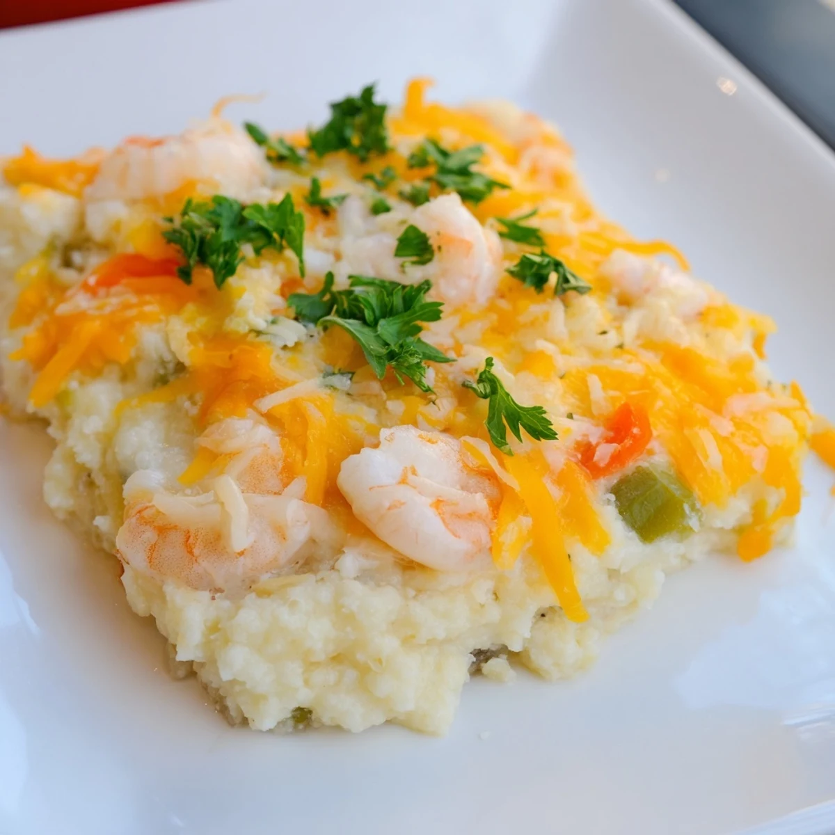 Savory Easy Shrimp & Grits Casserole served warm with fresh parsley and a side of crisp greens.