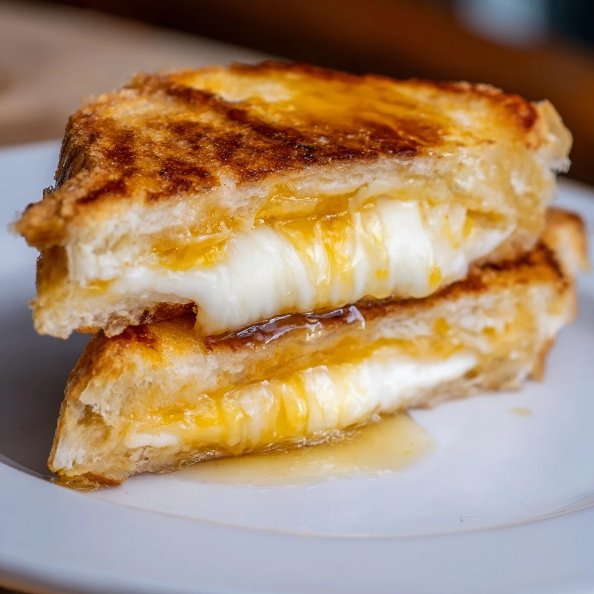 A close-up of a golden-brown grilled cheese sandwich, cut diagonally to reveal gooey melted cheese layers, with a honey drizzle glistening on top.