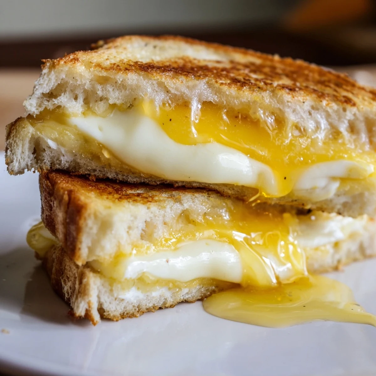 This image shows a honey-glazed cheese grilled cheese sandwich on a rustic cutting board, ready to be served alongside a steaming bowl of tomato soup.