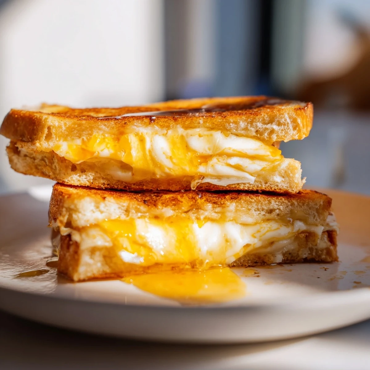 The recipe for Cheese Grilled Cheese with Honey Bliss features crispy sourdough bread layered with sharp cheddar, mozzarella, and Gruyère, finished with sweet honey.
