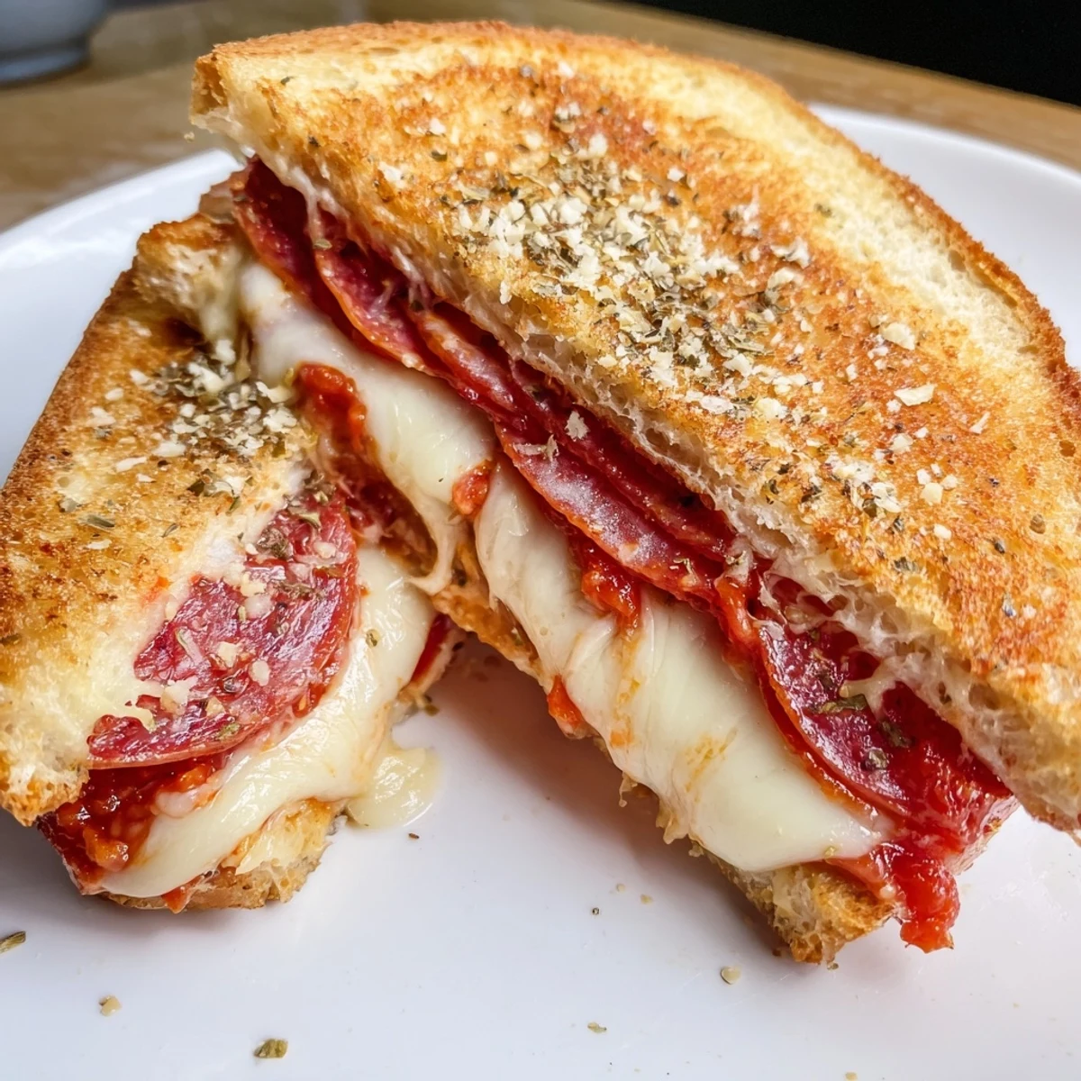 A close-up of a Pizza Grilled Cheese sandwich with melted mozzarella oozing from crispy sourdough on a rustic plate.