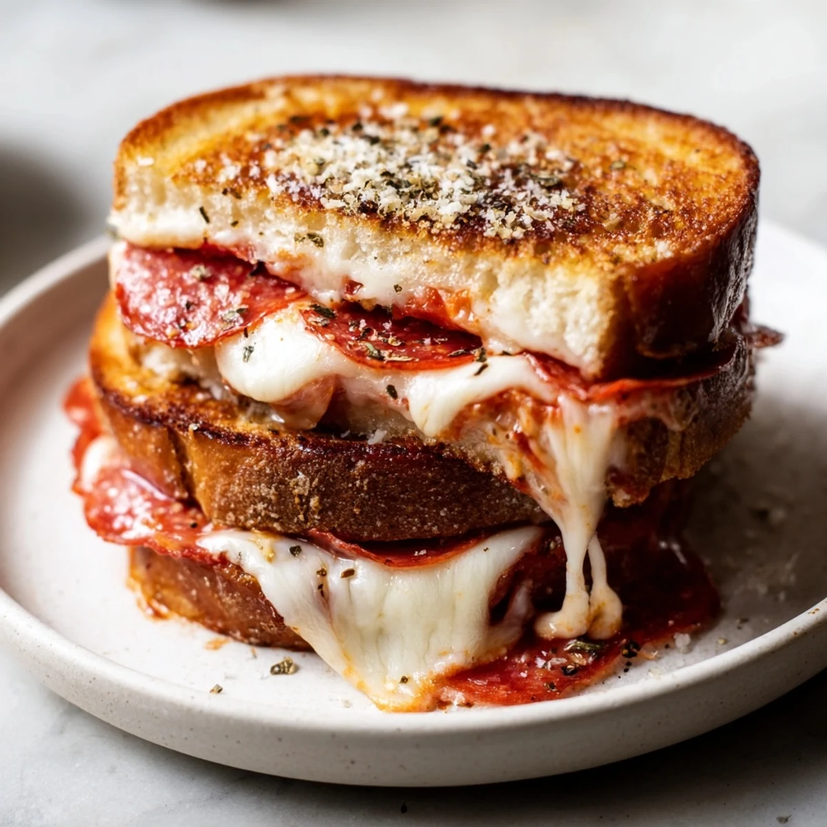 Fresh basil and pepperoni sit atop a warm Pizza Grilled Cheese, served with a small bowl of marinara dipping sauce.