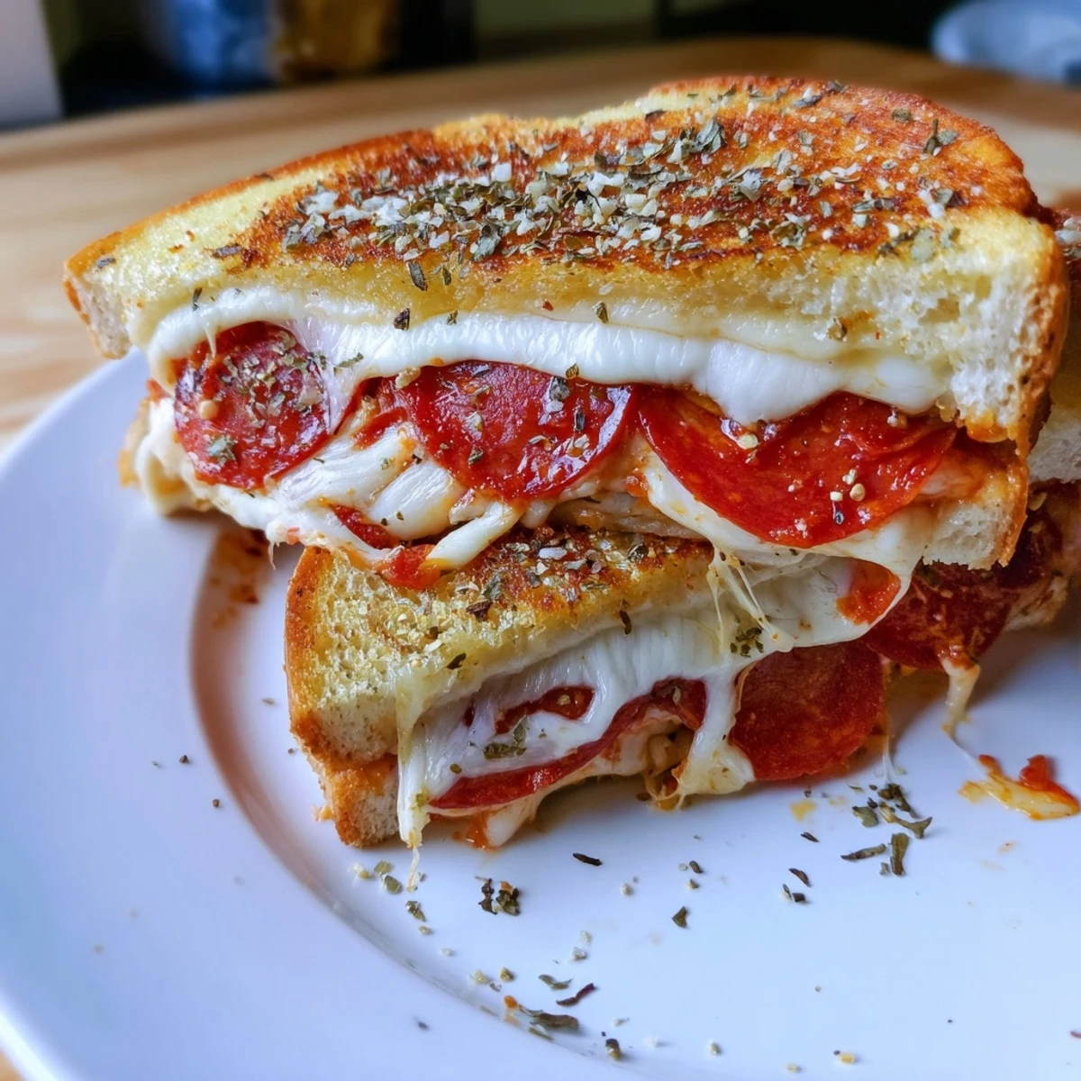 Sliced in half, a golden-brown Pizza Grilled Cheese reveals gooey cheese and savory toppings on a wooden cutting board.