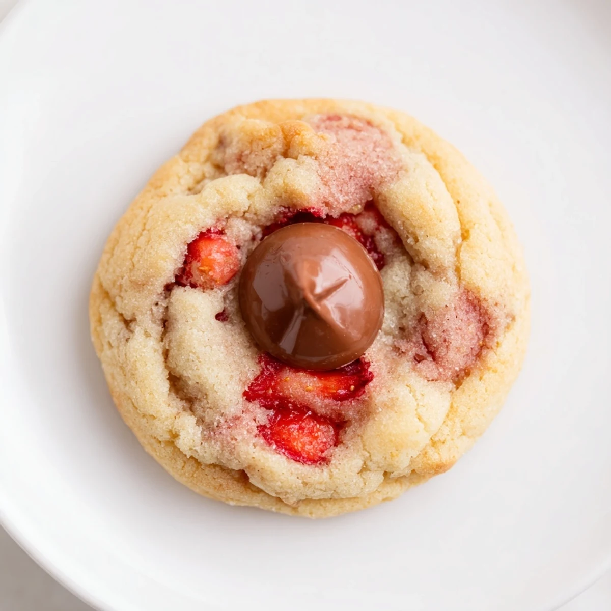 Golden-edged Strawberry Kiss Cookies are stacked high on a rustic plate, ready for a sweet snack.