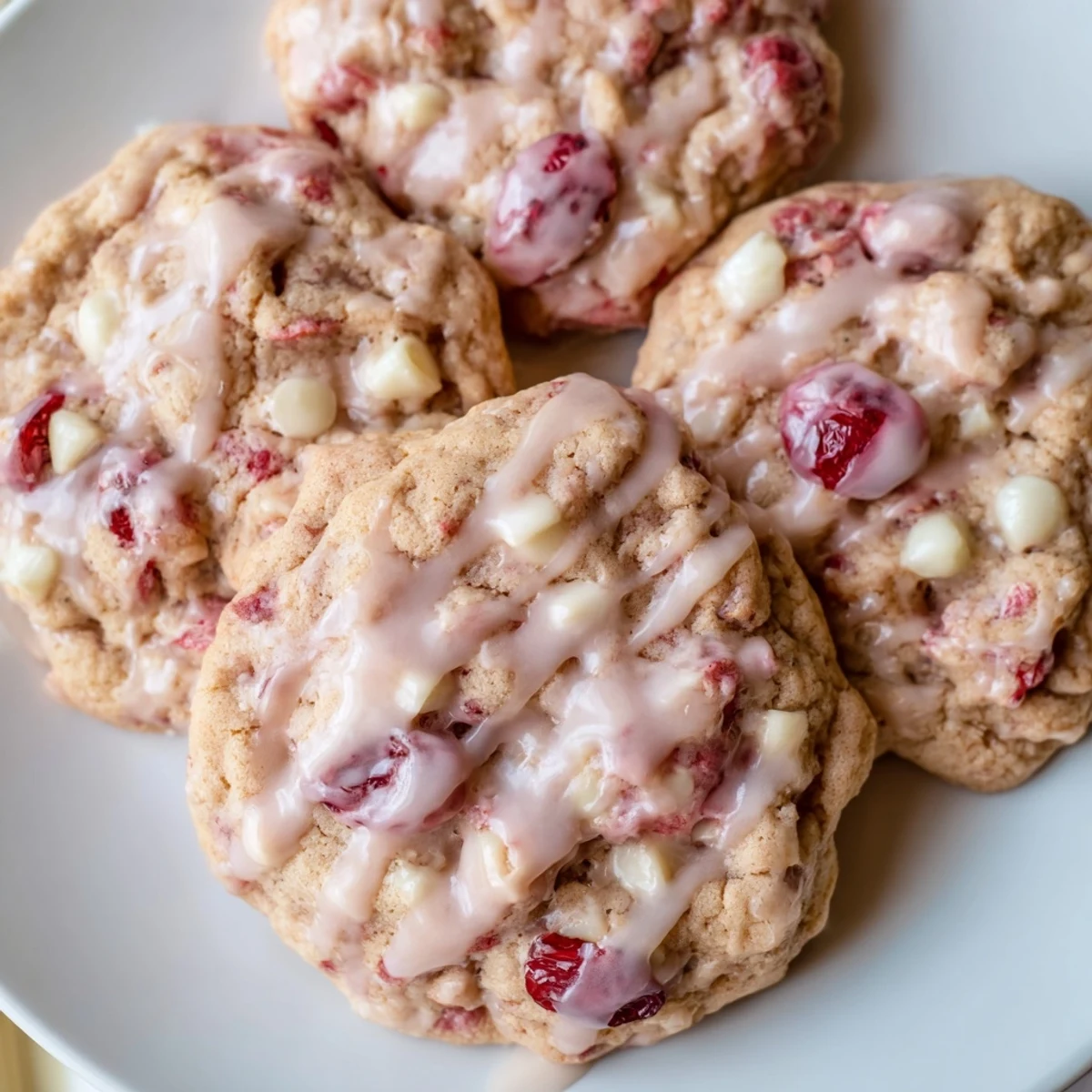 A close-up of freshly glazed Irresistible Maraschino Cherry Cookies, with bright pink cherries peeking through soft, chewy edges.
