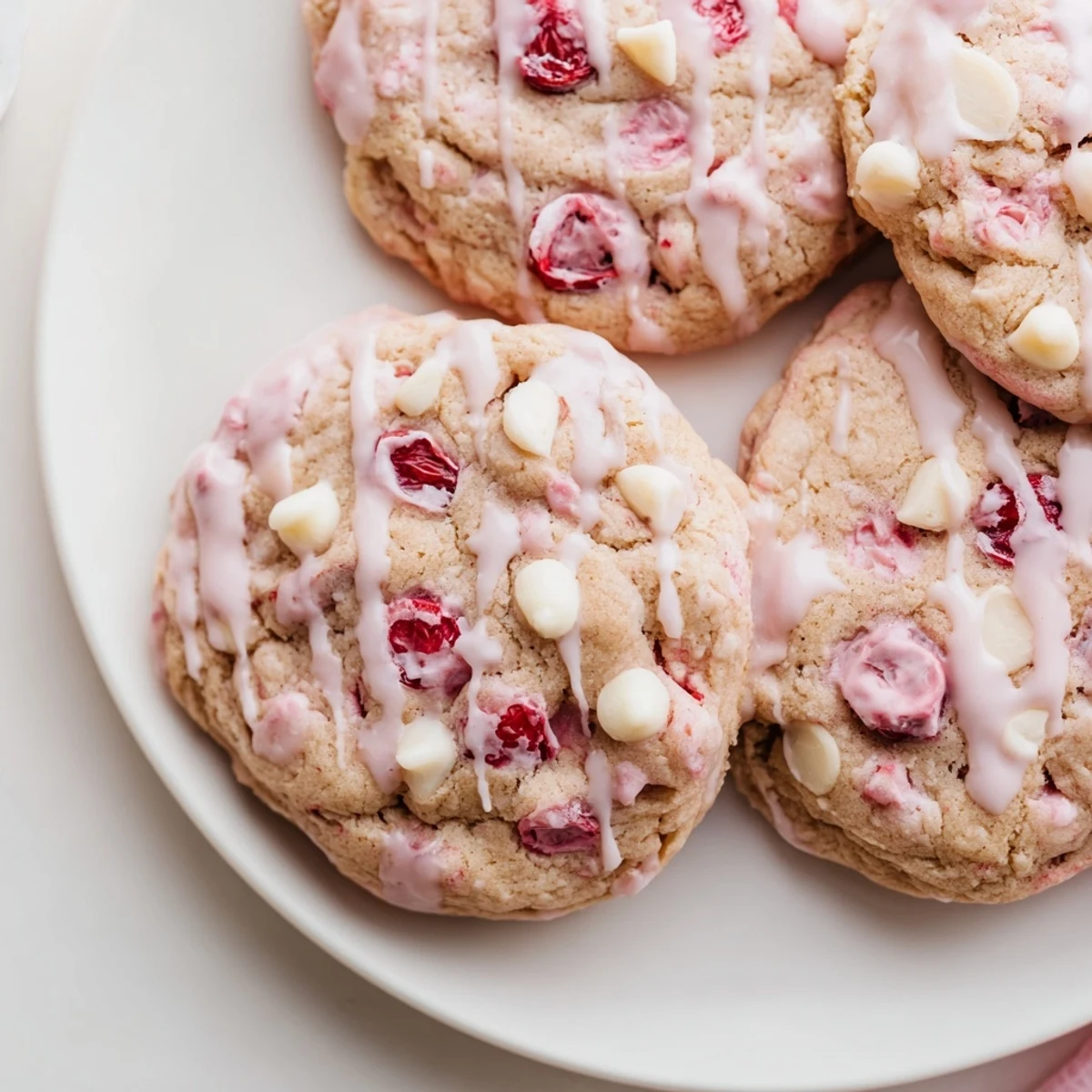 Stack of warm Irresistible Maraschino Cherry Cookies with pink glaze dripping down the sides, ready to enjoy with a glass of cold milk.