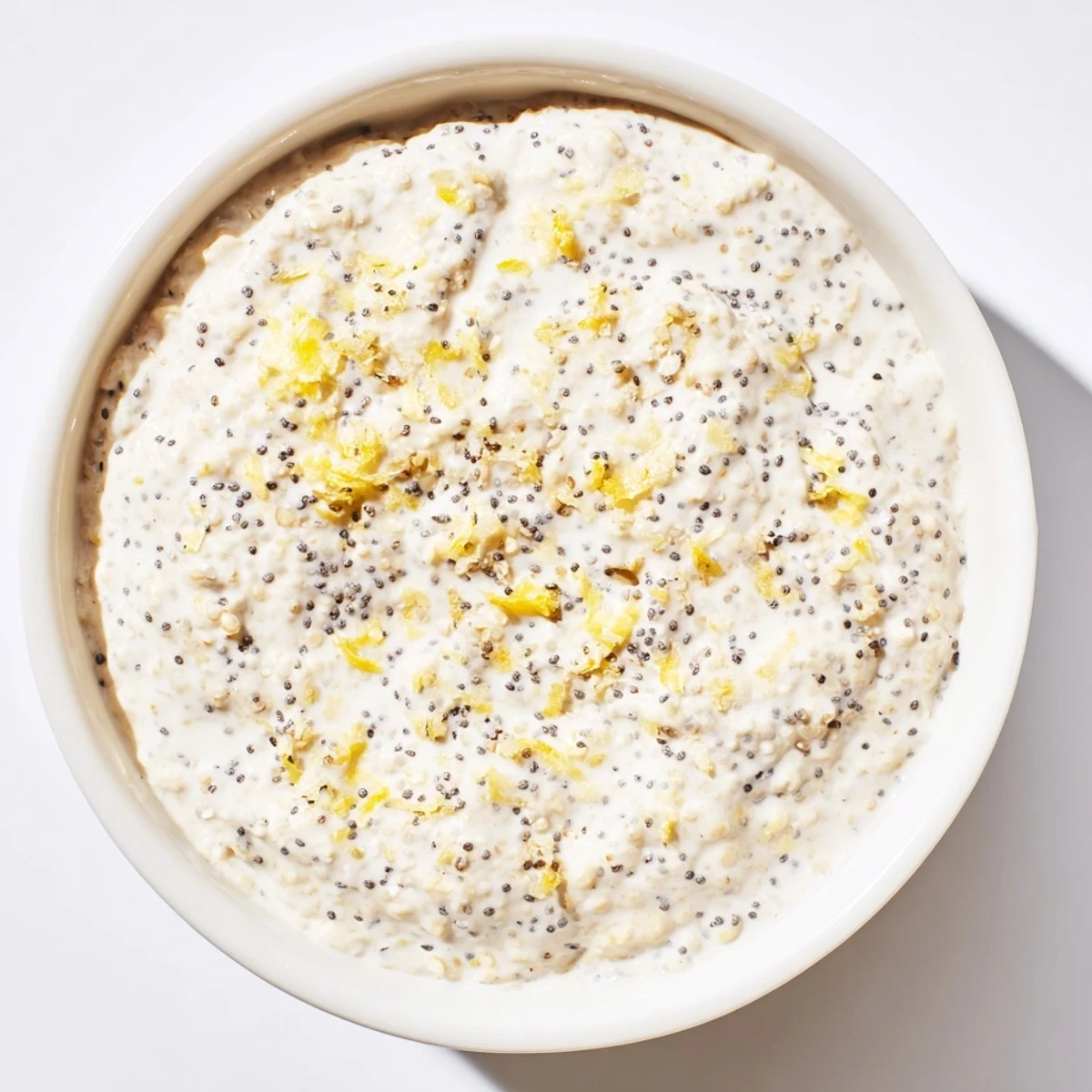This image shows the Vegan Lemon Poppy Seed Overnight Oats served chilled in a bowl, topped with a dollop of coconut yogurt.