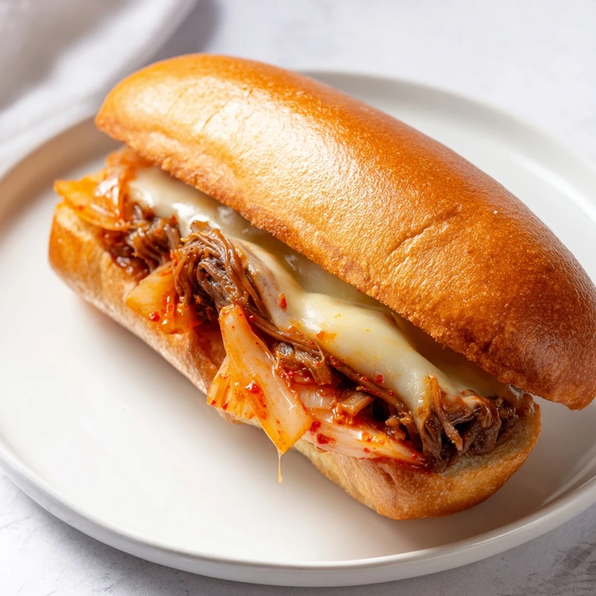 Golden toasted hoagie rolls stuffed with bulgogi beef, spicy kimchi, and melted provolone cheese for a Korean fusion cheesesteak.