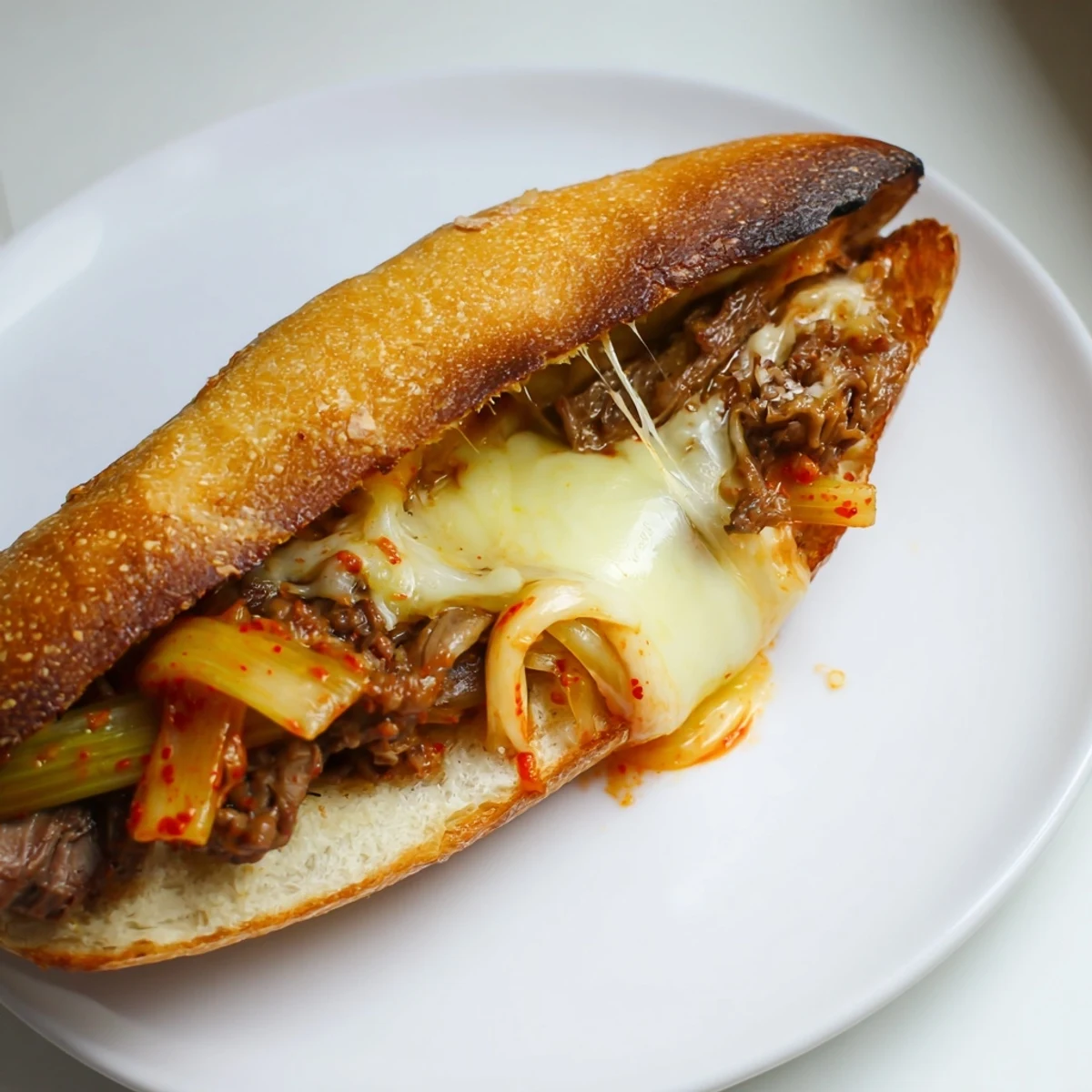 Melted provolone blankets savory bulgogi beef and crunchy kimchi inside a toasted hoagie roll, ready to eat.