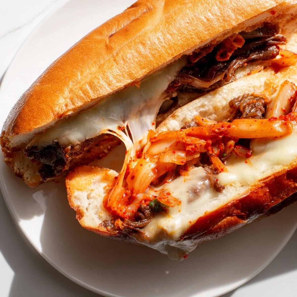 Melty provolone cheese cascades over sizzling bulgogi beef and tangy kimchi packed into a crisp toasted hoagie roll.