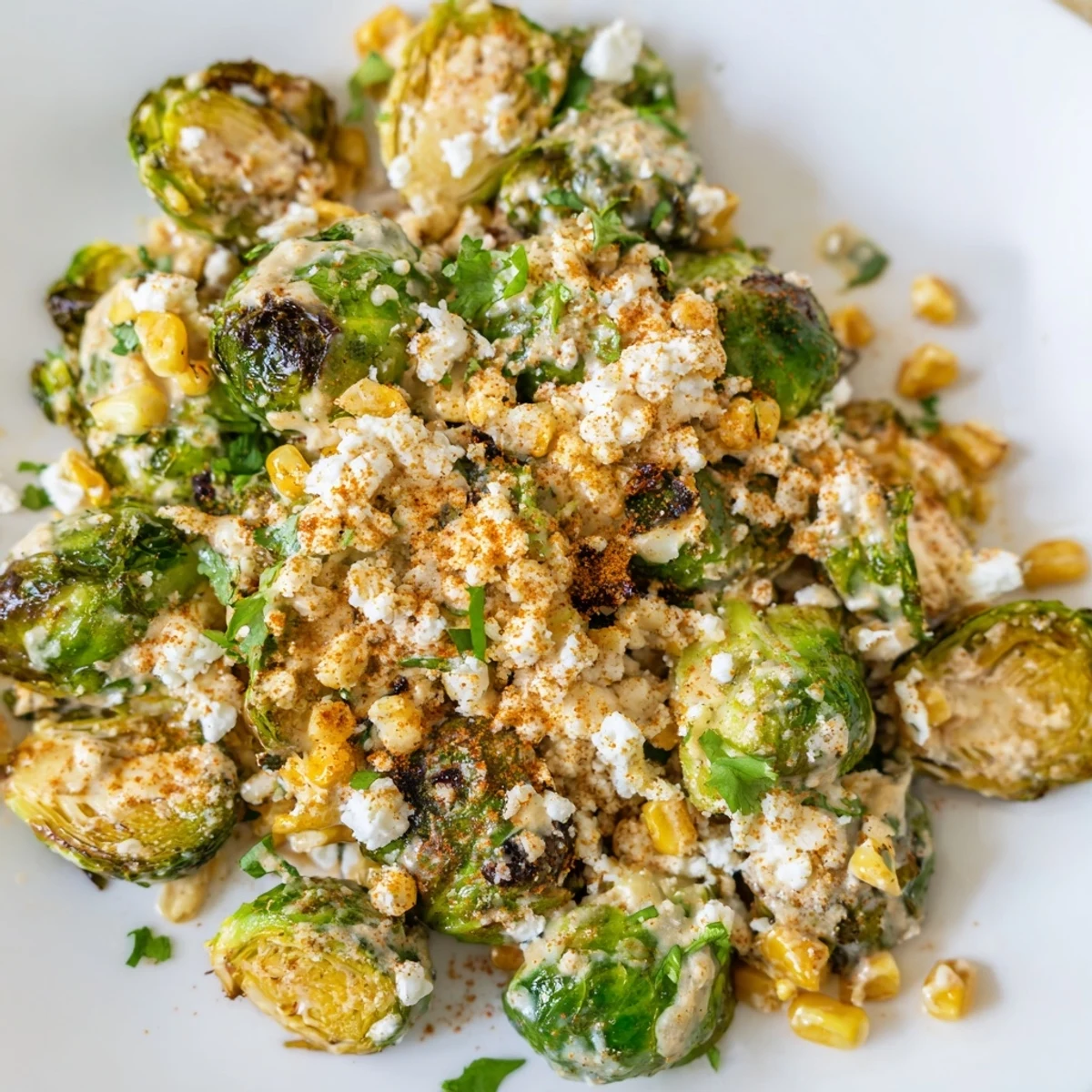 Golden-brown roasted Brussels sprouts and charred corn kernels drenched in creamy sauce for Mexican Street Corn Brussels Sprouts Delight.
