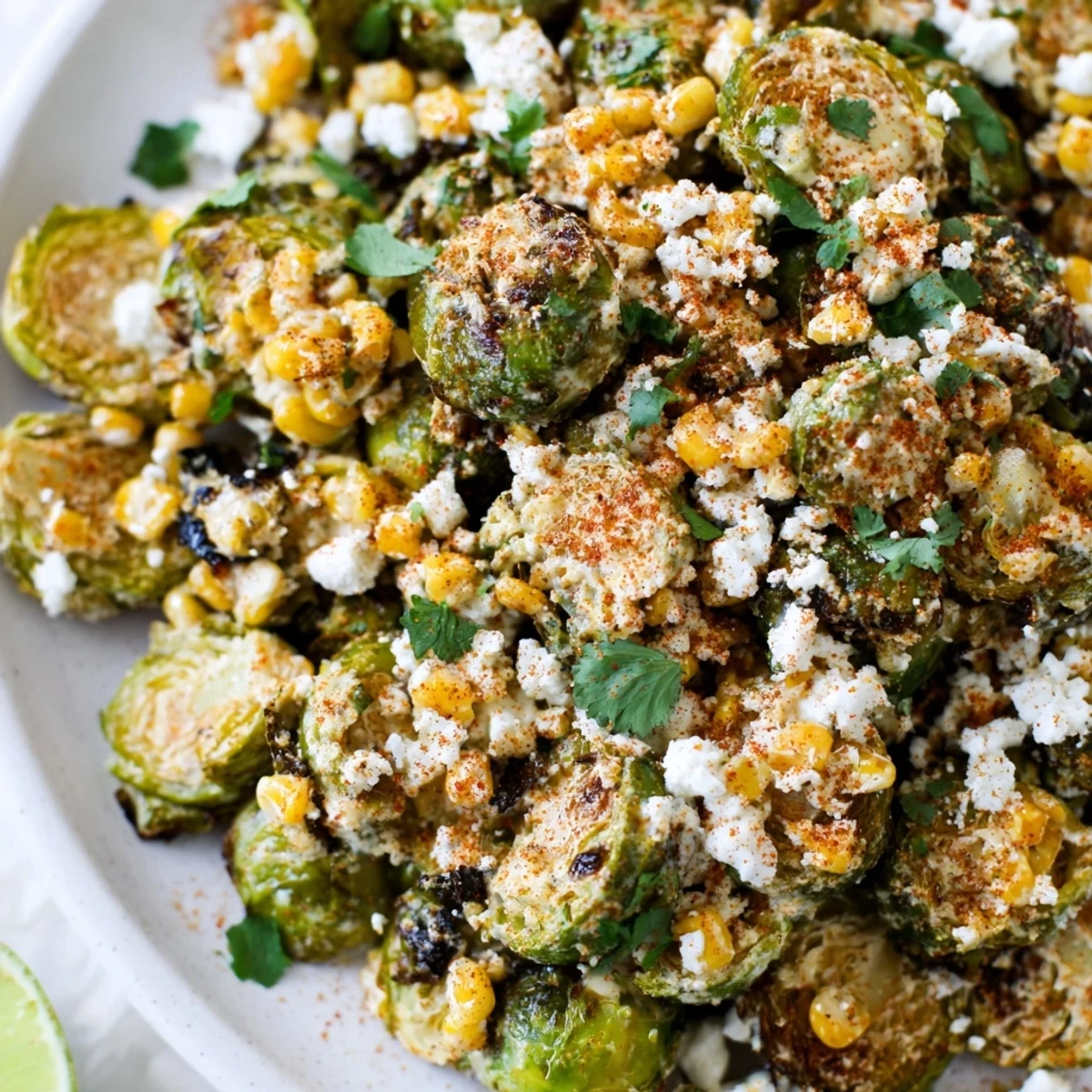 Sizzling roasted Brussels sprouts and corn with cotija cheese and lime on a baking sheet for Mexican Street Corn Brussels Sprouts Delight.