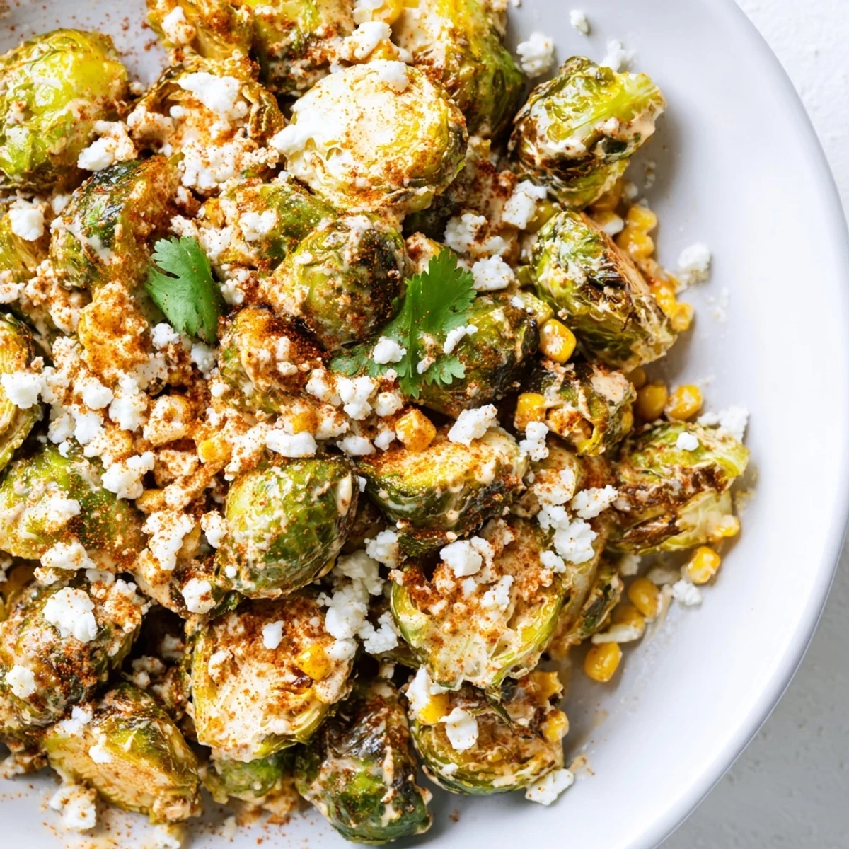 Serving suggestion for Mexican Street Corn Brussels Sprouts Delight with fresh cilantro, chili powder, and lime wedges garnish.