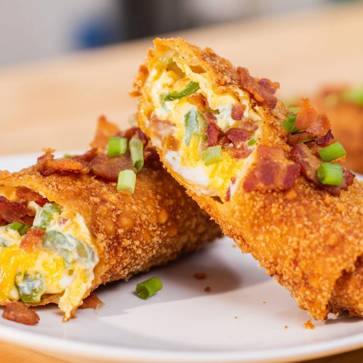 Golden brown Bacon Jalapeno Popper Eggrolls sit on a wire rack, releasing steam and showcasing their crispy, bubbly wrapper filled with creamy cheese and spicy jalapeños.
