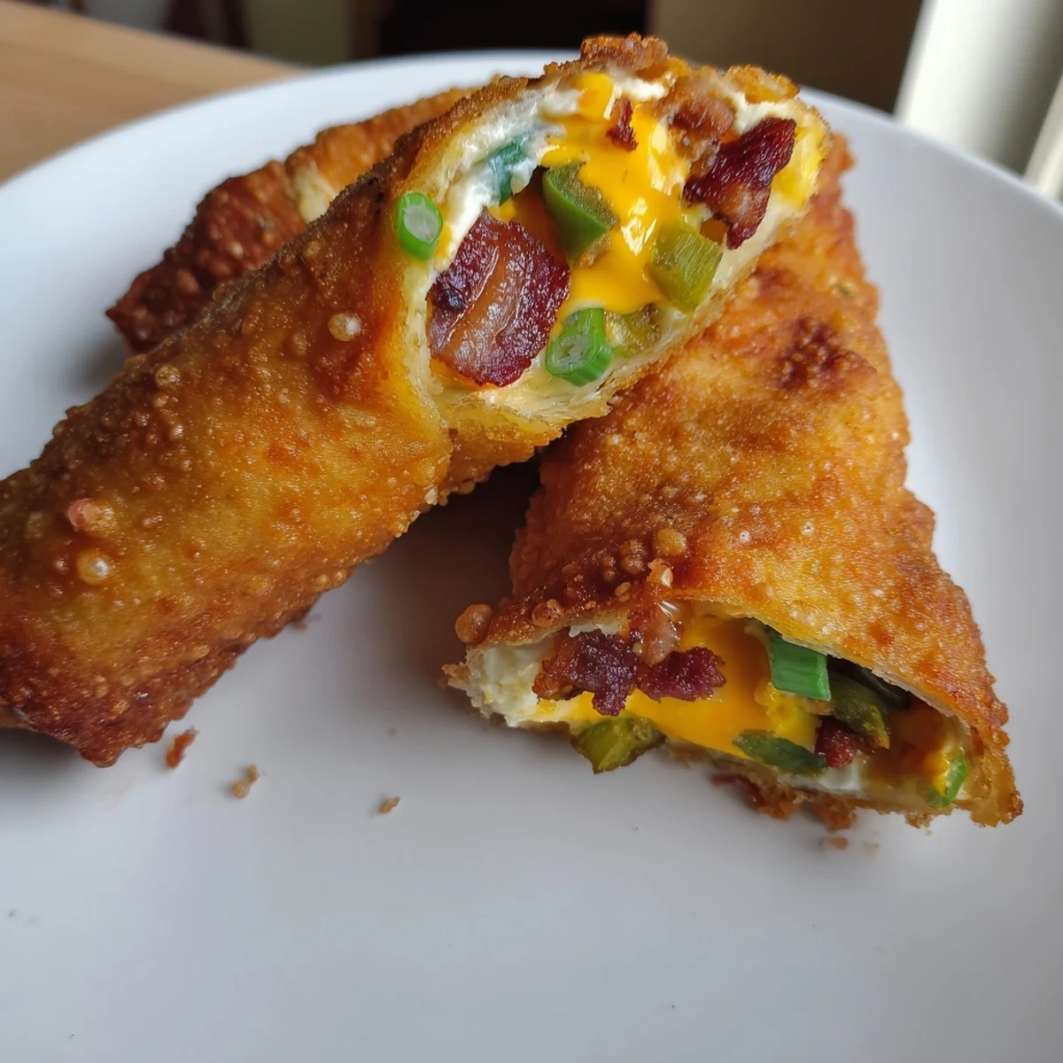 A close-up of Bacon Jalapeno Popper Eggrolls cut in half, revealing a molten filling of melted cheddar, cream cheese, smoky bacon bits, and diced jalapeños.