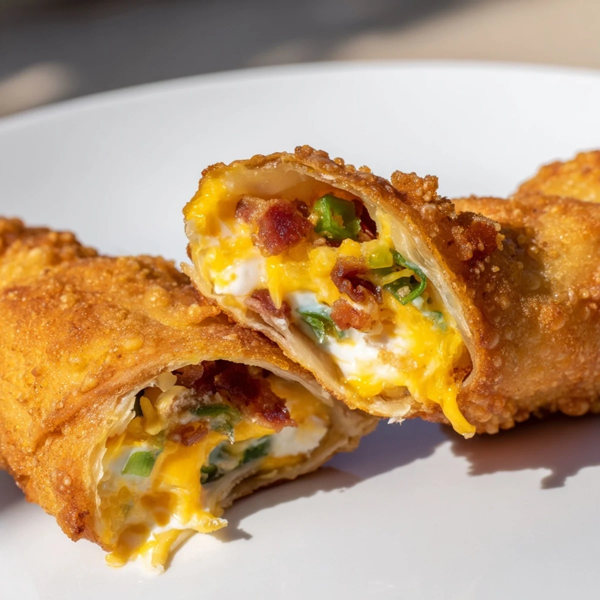 Overhead view of Bacon Jalapeno Popper Eggrolls arranged on a platter with a small bowl of ranch dip, garnished with green onions and fresh jalapeño slices.
