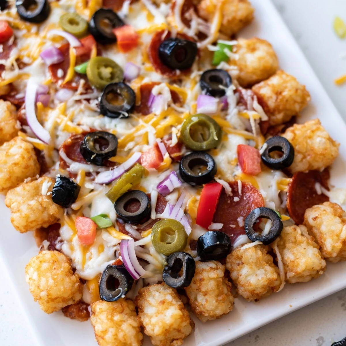 Close-up of golden, crispy tater tots baked with pizza sauce, melty mozzarella, and classic toppings in this Cheesy Pizza Tot Casserole.