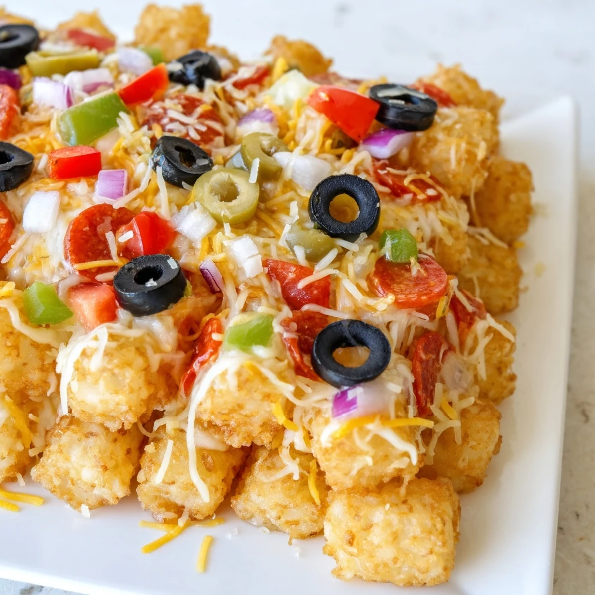 Serve a warm slice of Cheesy Pizza Tot Casserole alongside a fresh green salad for a family-friendly pizza night dinner.