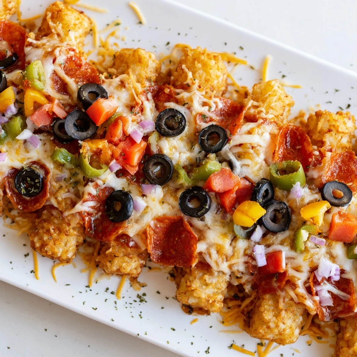 This Cheesy Pizza Tot Casserole emerges from the oven with bubbly cheese and savory pepperoni on a bed of crispy tots.