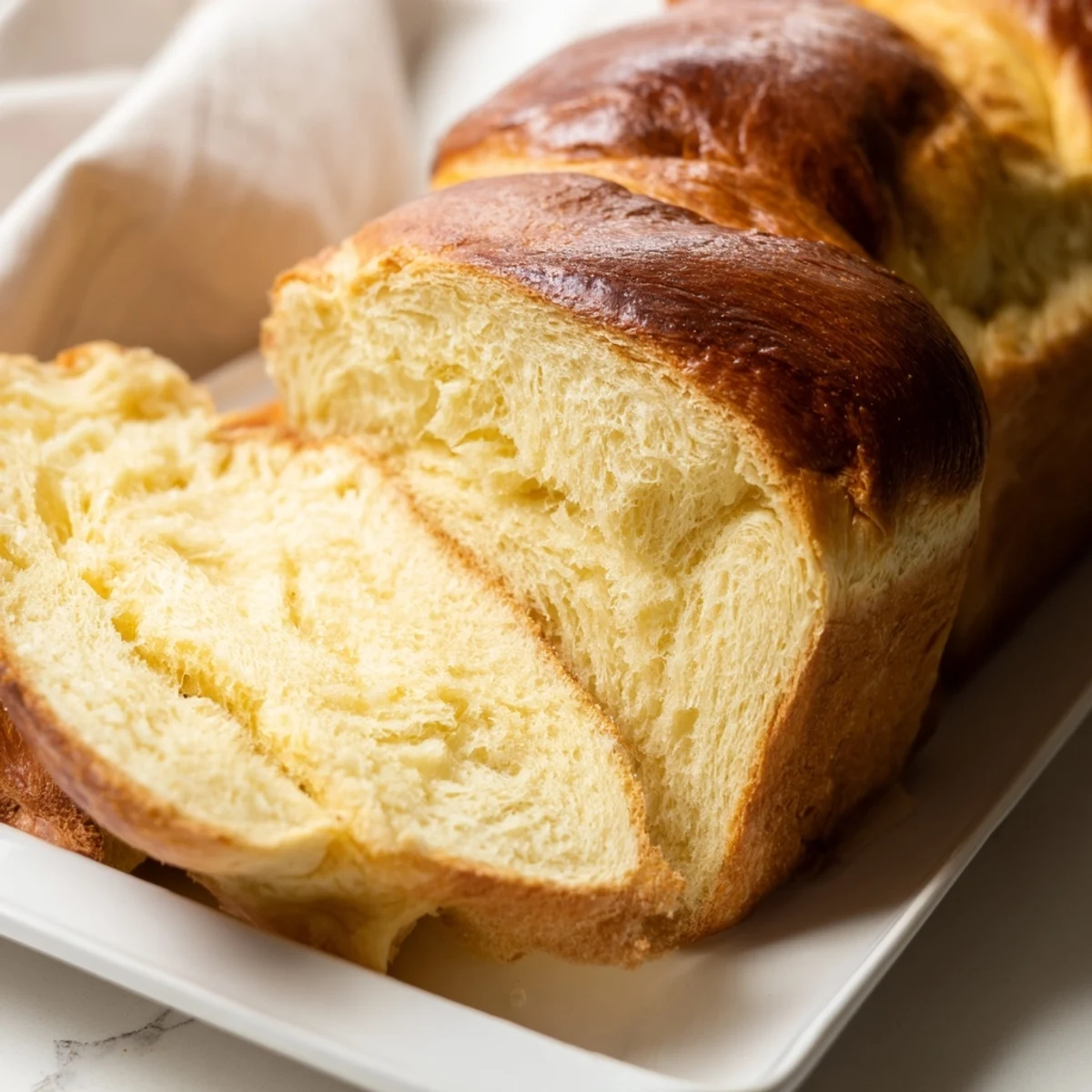 Freshly baked Milk Brioche loaf, showcasing its golden crust and tender, buttery interior on a rustic kitchen counter.