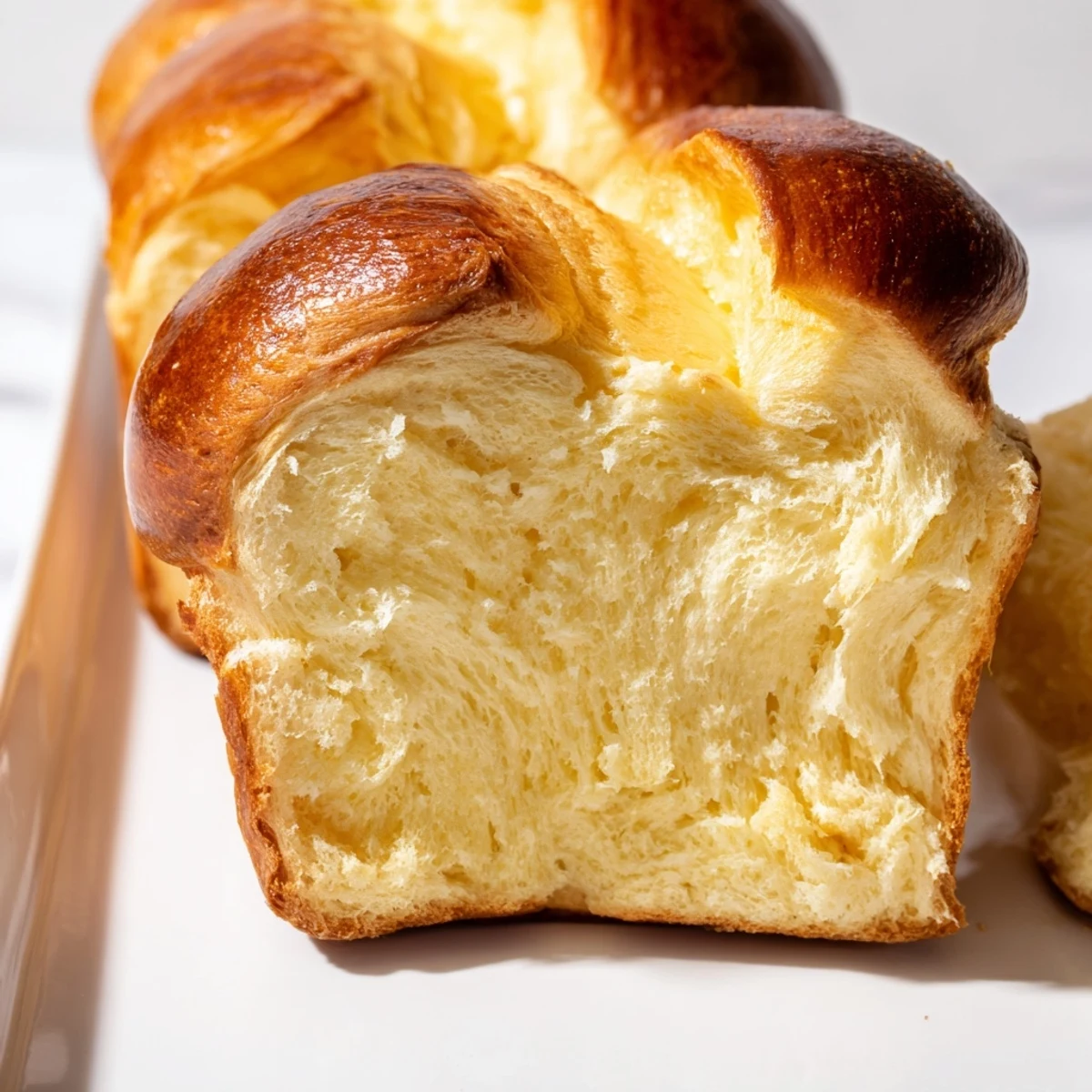 A close-up of soft Milk Brioche slices, perfect for serving with jam or turning into decadent French toast.