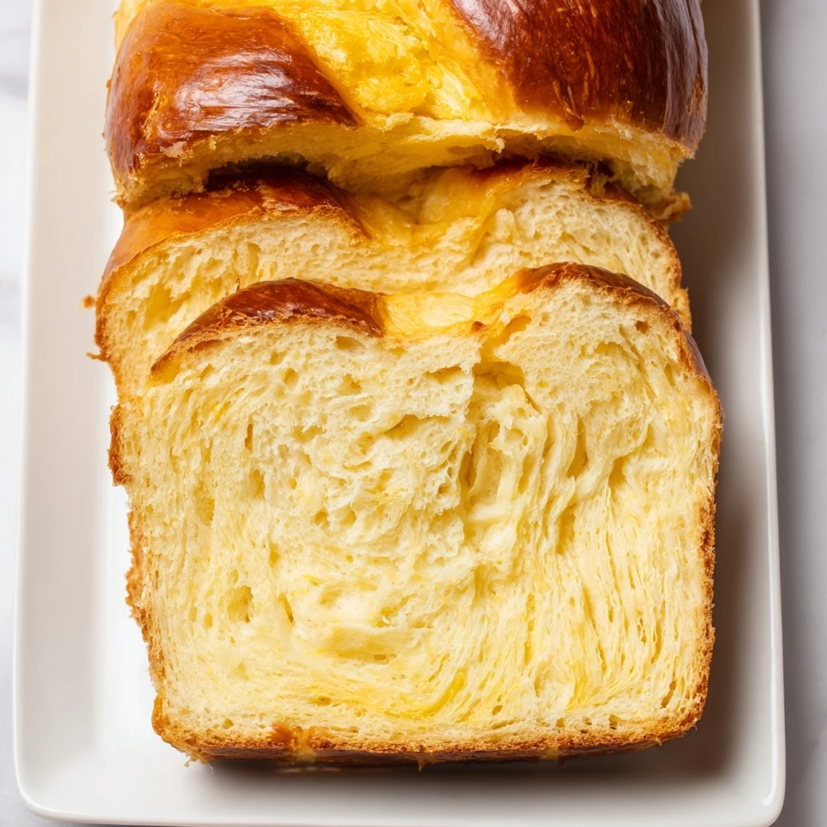 Golden Milk Brioche braided loaf resting on a wooden board, highlighting its rich, pillowy texture and inviting aroma.