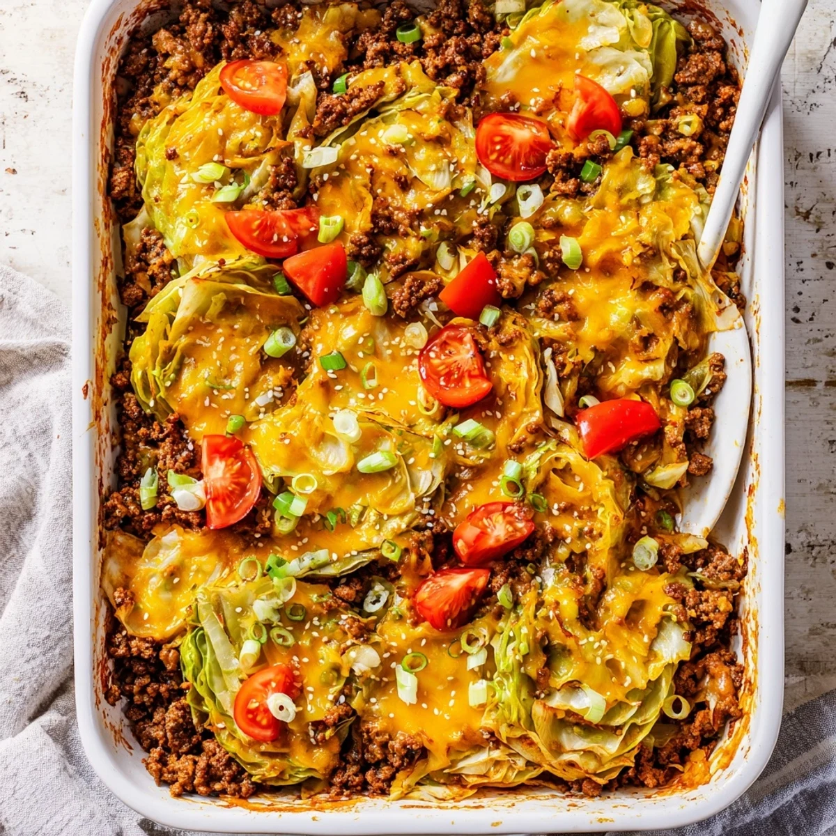Golden roasted cabbage rounds layered with seasoned ground beef and topped with melted cheddar for a hearty Easy Crispy Cabbage Burger Bake.