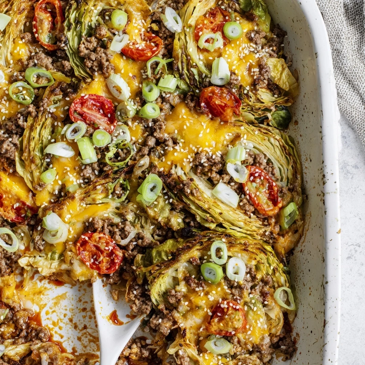 A close-up of the Easy Crispy Cabbage Burger Bake shows bubbly cheese and crispy edges on the beef and cabbage layers.