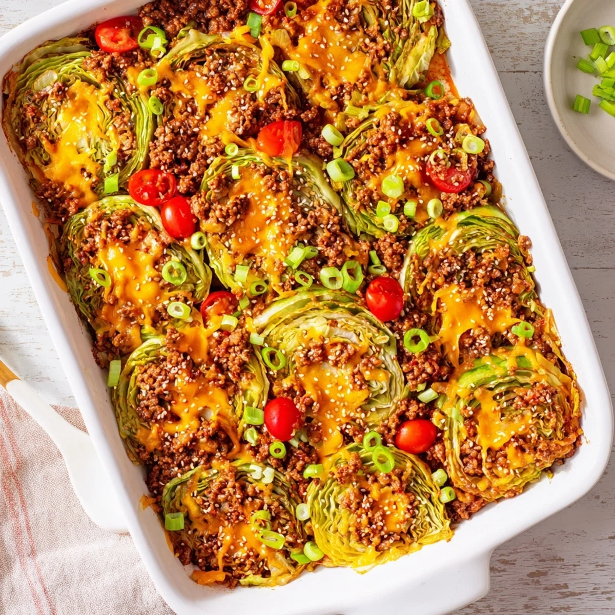 This Easy Crispy Cabbage Burger Bake is plated with sliced pickles and fresh tomatoes, showcasing a gluten-free weeknight dinner idea.