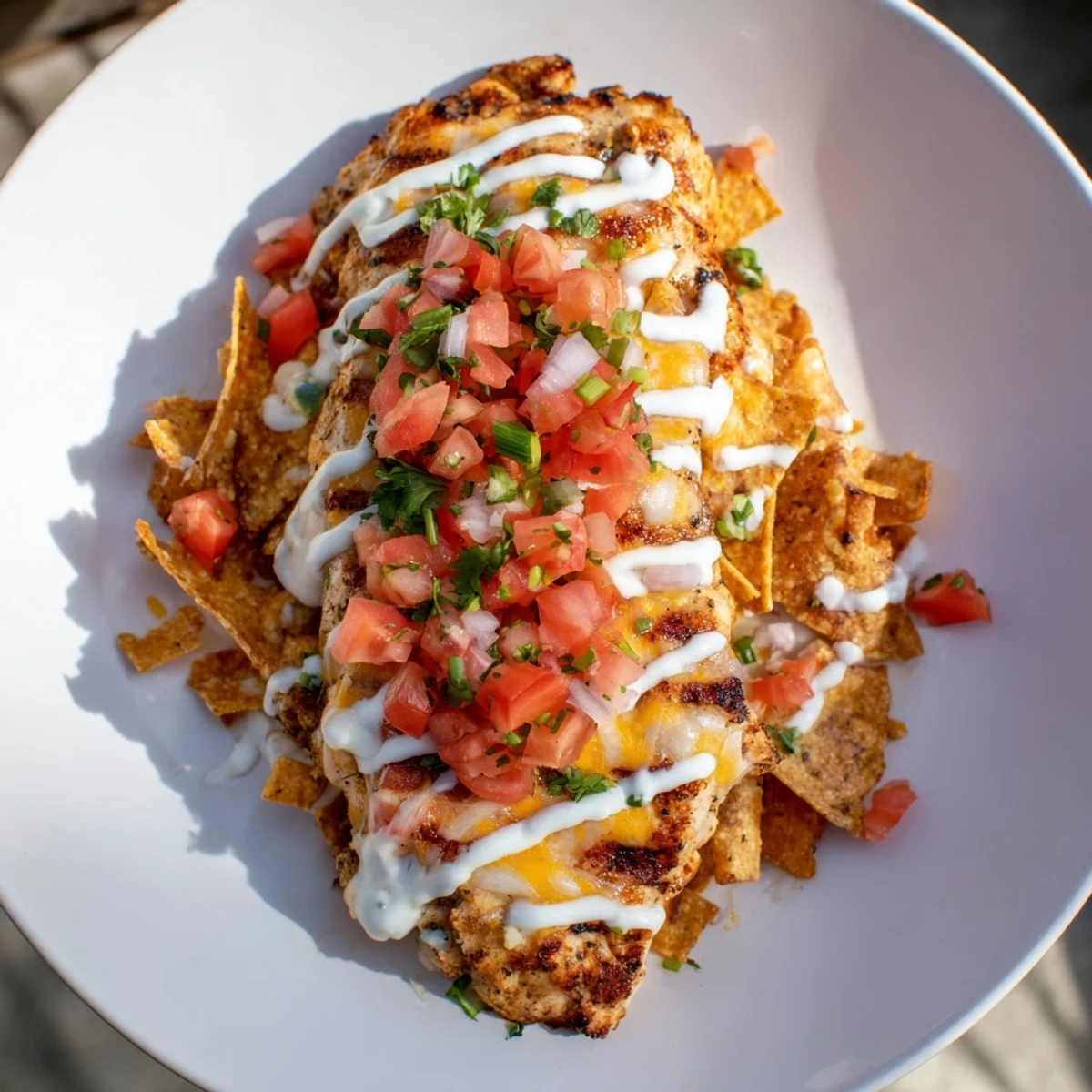 Fiesta Lime Chicken with melted cheese and tangy Mexi-ranch sauce on a rustic plate.
