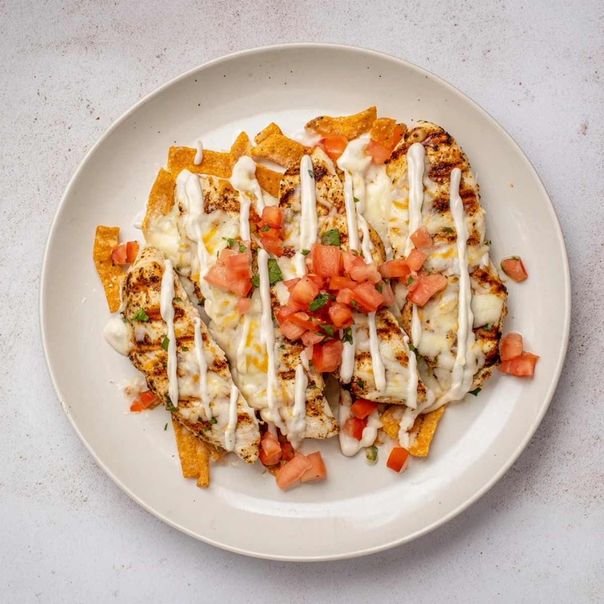 Grilled Fiesta Lime Chicken topped with crunchy tortilla strips and fresh pico de gallo.