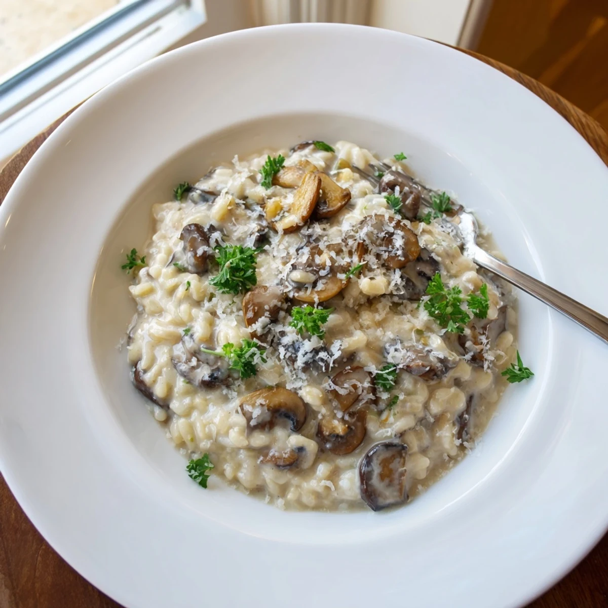 A close-up of Creamy Mushroom Risotto topped with fresh parsley and extra Parmesan on a rustic table.