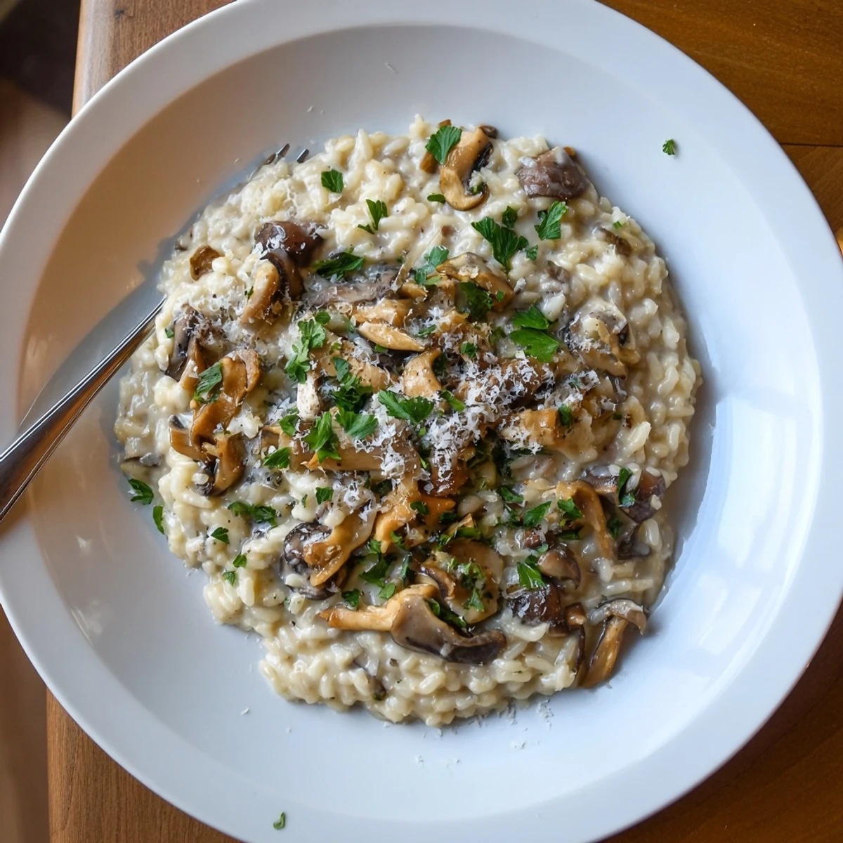 A spoon lifting a bite of Creamy Mushroom Risotto, showing its velvety texture beside a rustic bread slice.